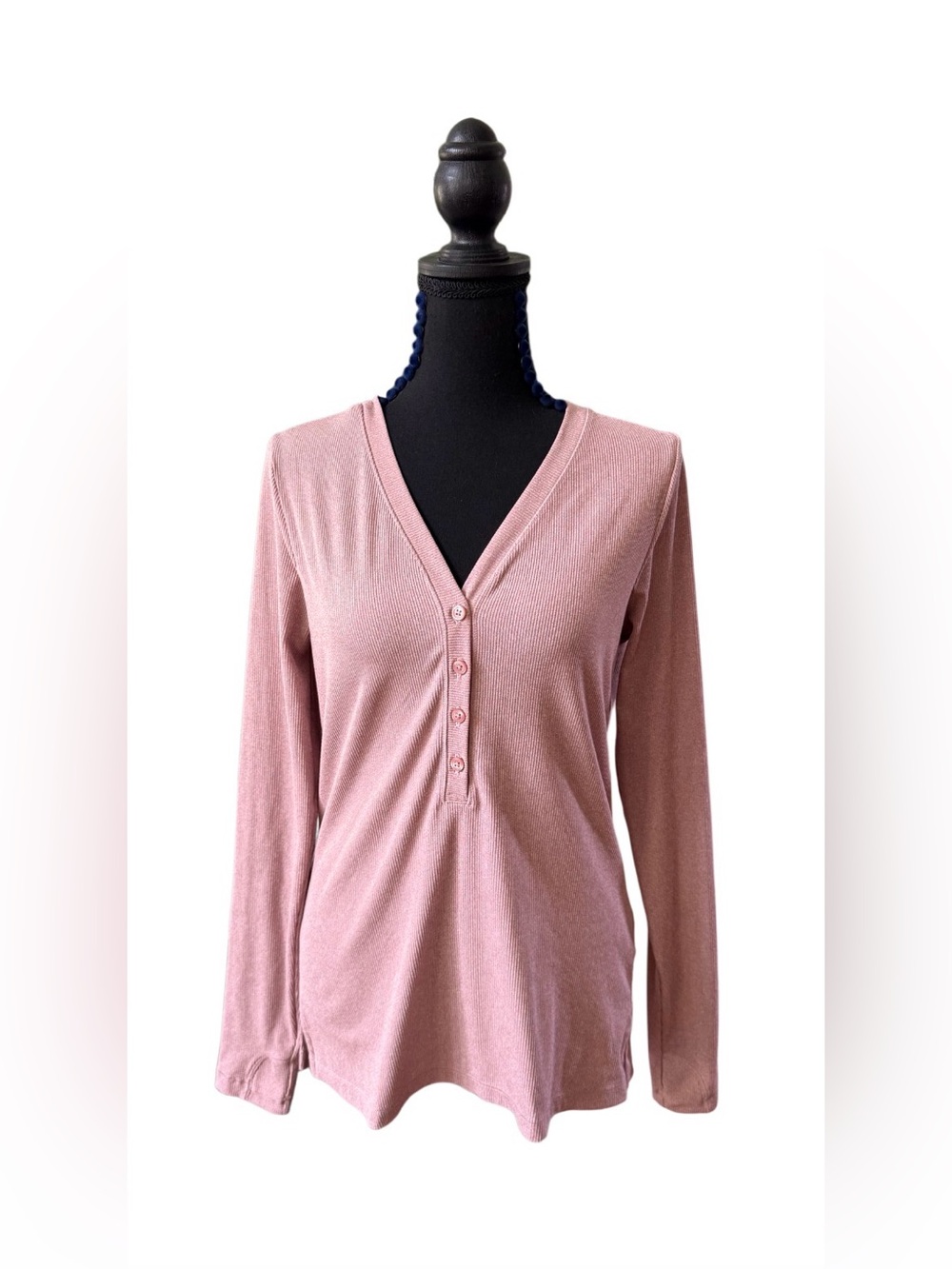 Athleta Women’s Long Sleeve V-Neck Henley Ribbed Stretchy Top with Thumb Holes